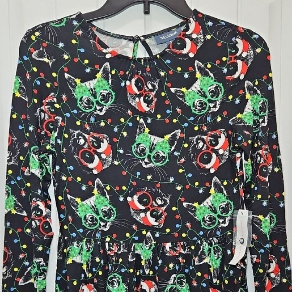 Modcloth Festive Holiday Kitty Dog Christmas Print Long Sleeve Dress XL New - Picture 3 of 10
